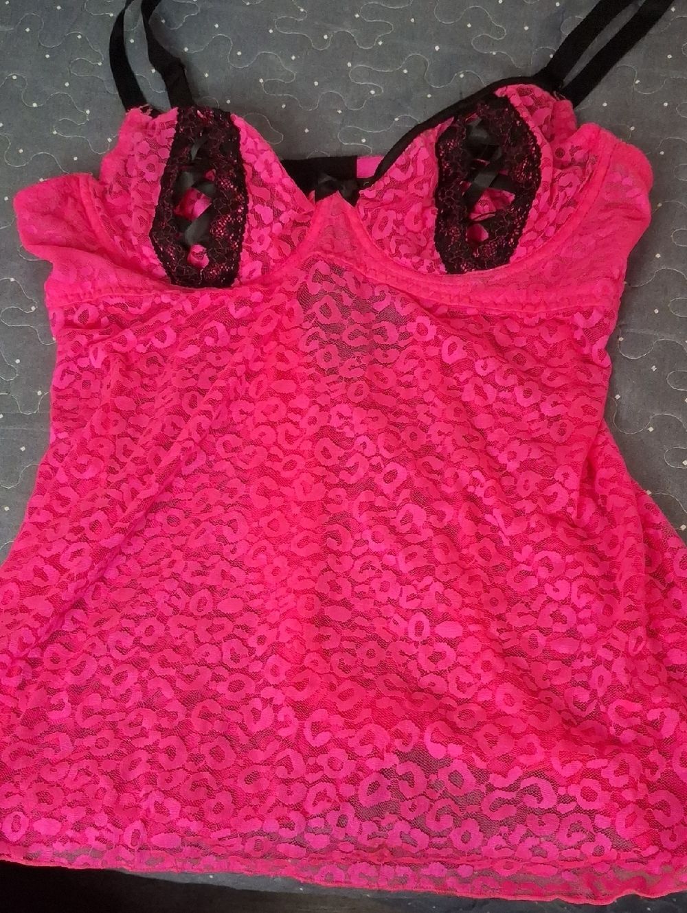 Exposed by Magic Silk Hot Pink Lace Chemise with Black Trim size 1X - 2X